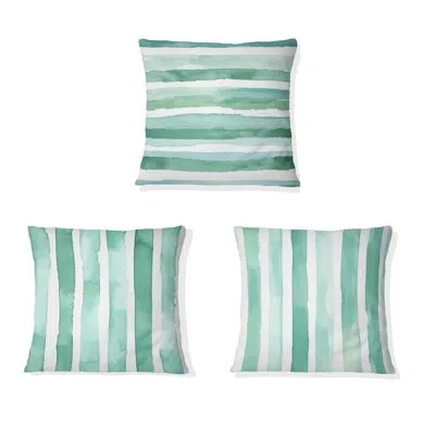 Design Art Striped Decorative Cushion Set Of 3 - Mint Breeze Stripes Coastal Printed Throw Pillow In Green;white