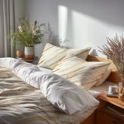 Design Art Striped Duvet Cover Set Of 3 - Country Farmhouse Brown And Yellow Wheat Lines Bedding And Cushion Se In Brown;yellow