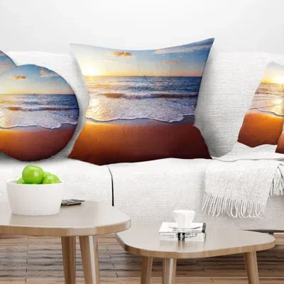 Design Art Stunning Blue Waves And Brown Sand - Sea & Shore Printed Pillow In Orange;gold