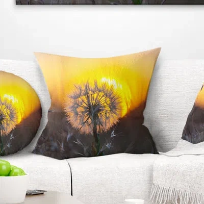 Design Art Stunning Dandelion View At Sunset - Floral Printed Pillow In Yellow