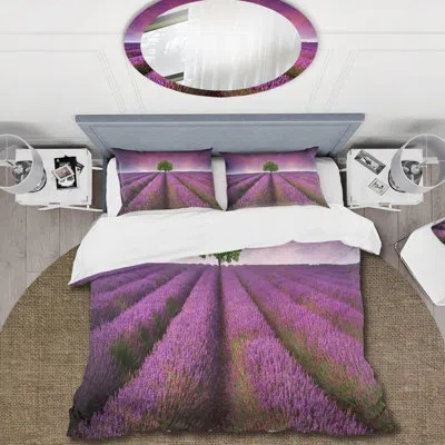 Design Art Stunning Lavender Field Summer Sunset With Tree - Farmhouse Duvet Cover Set - Microfiber Polyester In Green;purple