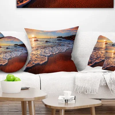 Design Art Stunning Ocean Beach At Sunset - Sea & Shore Printed Pillow In Red