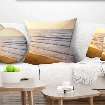 Design Art Stunning Orange Sunset Over Beach - Sea & Shore Printed Pillow In Blue;orange