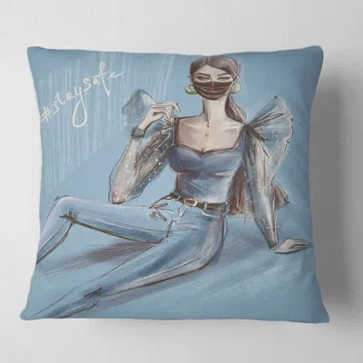 Design Art Stylish Beautiful Girl Wearing Medical Mask Square Pillow Cover & Insert In Blue