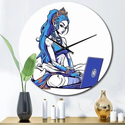Design Art Stylish Cyber Girl Influencer I Metal Wall Clock In Blue