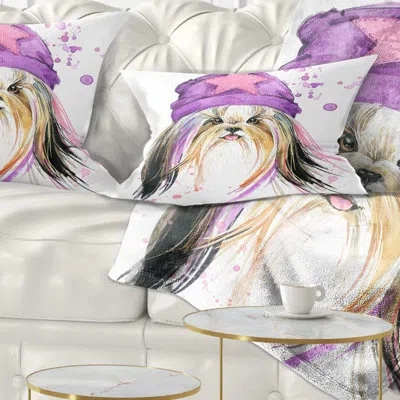 Design Art Stylish Puppy With Purple Hat - Animal Printed Throw Pillow