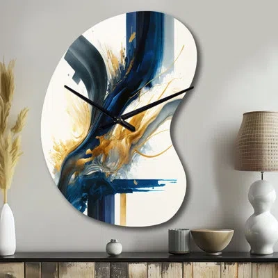 Design Art Stylish Spiral Abstract I - Abstract Spirals Asymmetrical Metal Wall Clock, Blue Freeform Wall Clock In Blue;gold