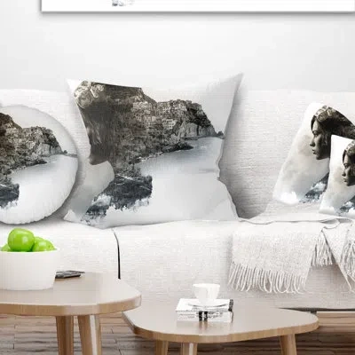 Design Art Stylish Woman And View Of Manarola - Portrait Printed Pillow In White