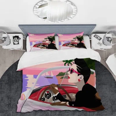 Design Art Stylish Woman In Retro Car Under Pink Sunset - Traditional Duvet Cover Set - Microfiber Polyester In Pink,black,purple