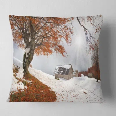 Design Art Sudden Snow In First Autumn - Landscape Printed Pillow In Brown