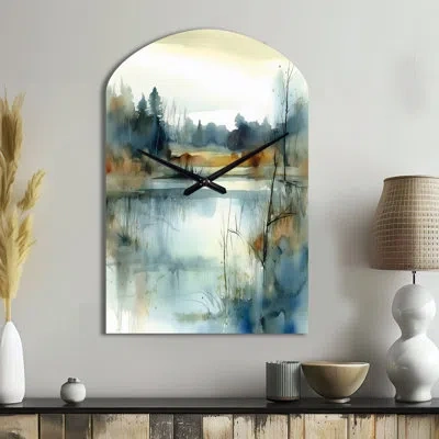 Design Art Summer Lake Landscape Illustration Ii - Lake Irregular Shape Metal Wall Clock, Blue Asymmetrical Clo In Blue;yellow