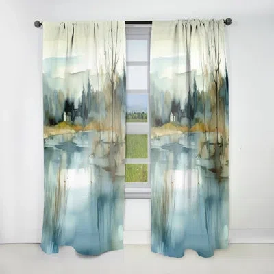 Design Art Summer Lake Landscape Illustration V - Cottage Velvet Curtain - 1 Panel In Blue;yellow
