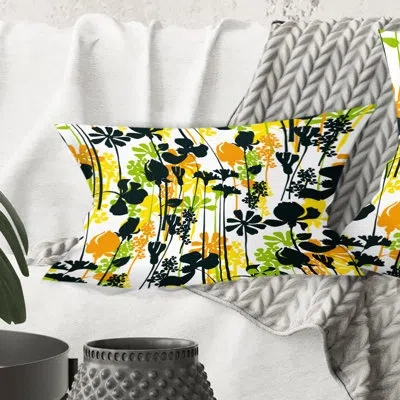 Design Art Summer Meadow Pattern, Black Silhouettes - Mid-century Modern Printed Throw Pillow