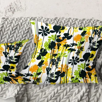 Design Art Summer Meadow Pattern, Black Silhouettes - Mid-century Modern Printed Throw Pillow In Yellow