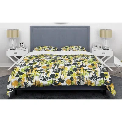 Design Art Summer Meadow Silhouettes Mid-century Duvet Cover Set In Yellow