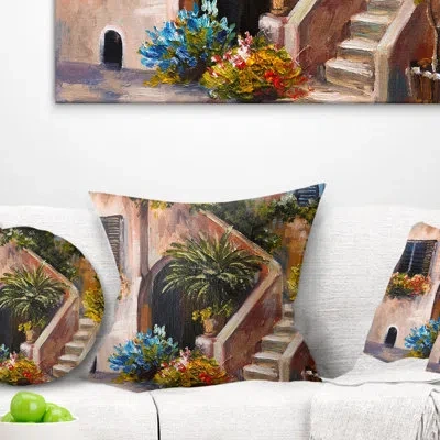 Design Art Summer Terrace - Landscape Printed Throw Pillow In Brown;green