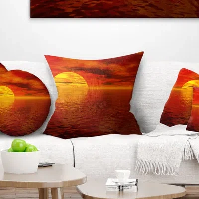 Design Art Sun Falling To Yellow Ocean - Sea & Shore Printed Pillow In Red;orange