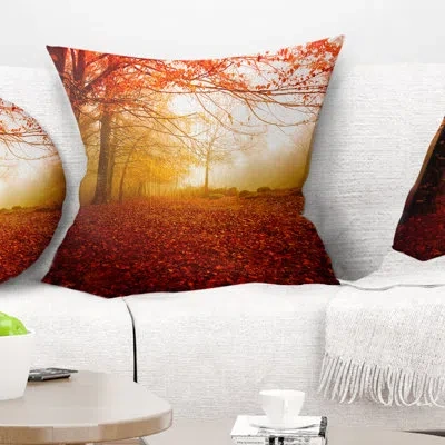 Design Art Sun Rays In Misty Forest Landscape Photography Pillow In Red