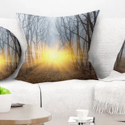 Design Art Sun Rays In Misty Forest Landscape Photography Pillow In Yellow