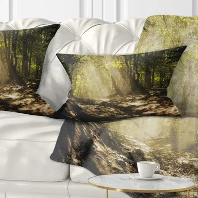 Design Art Sun Rays Through Trees Landscape Photography Lumbar Pillow In Green