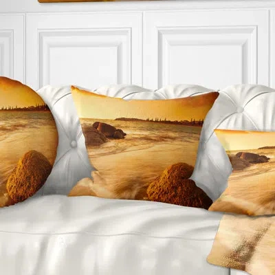 Design Art Sun Tinted Beach - Sea & Shore Printed Throw Pillow In Yellow;orange