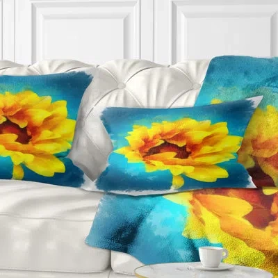 Design Art Sunflower On Blue Watercolor - Floral Printed Pillow