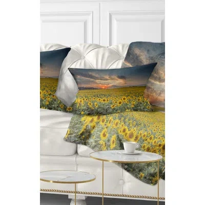 Design Art Sunflower Sunset With Cloudy Sky - Landscape Printed Throw Pillow