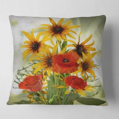 Design Art Sunflowers And Poppies In The Wild Square Pillow Cover & Insert In Red;yellow