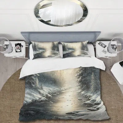 Design Art Sunlight Reflecting The Snow Forest River I - Lake Duvet Cover Set - Microfiber Polyester In White;gray