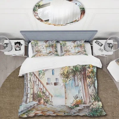 Design Art Sunny Day At The City Cozy Street - Traditional Duvet Cover Set - Microfiber Polyester In White