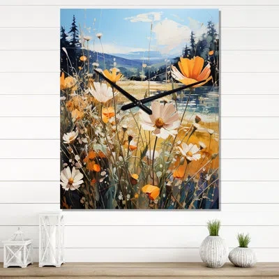 Design Art Sunny Meadows - Abstract Landscape Wall Clock In White;yellow