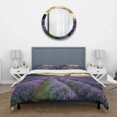 Design Art Sunrise & Dramatic Clouds Over Lavender Field Vii - Farmhouse Duvet Cover Set - Microfiber Polyester In Green;purple