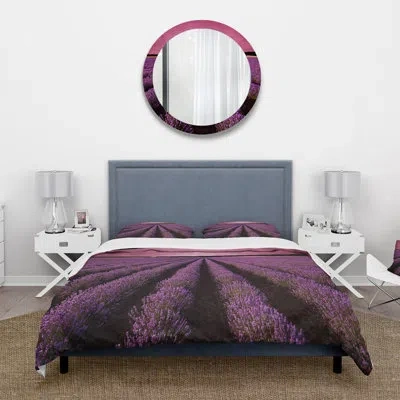Design Art Sunrise & Dramatic Clouds Over Lavender Field Xi - Farmhouse Duvet Cover Set - Microfiber Polyester In Purple