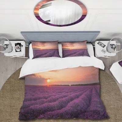 Design Art Sunrise & Dramatic Clouds Over Lavender Field Xii - Farmhouse Duvet Cover Set - Microfiber Polyester In Pink;purple