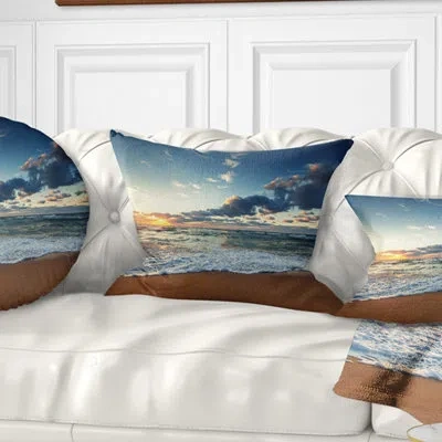 Design Art Sunrise And Glowing Waves In Ocean - Sea & Shore Printed Pillow In Blue