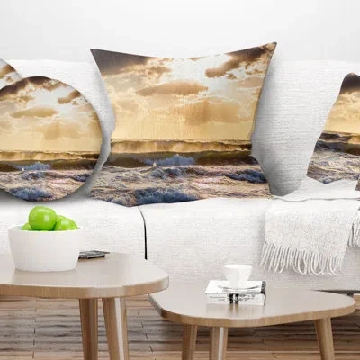Design Art Sunrise And Roaring Blue Sea Waves - Sea & Shore Printed Pillow
