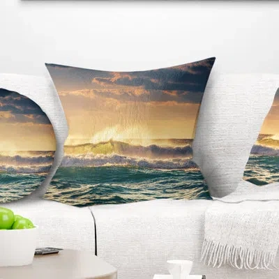Design Art Sunrise And Shining Waves In Ocean - Sea & Shore Printed Throw Pillow In Blue;orange