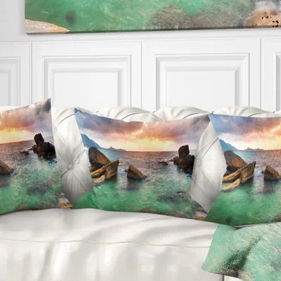 Design Art Sunrise At Blue Lamai Beach - Sea & Shore Printed Throw Pillow