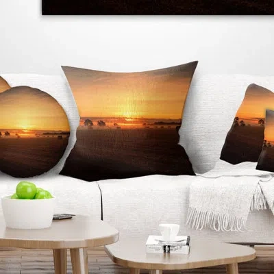 Design Art Sunrise At Farmland Bales - Landscape Printed Pillow In Blue;black;brown;green;red;yellow
