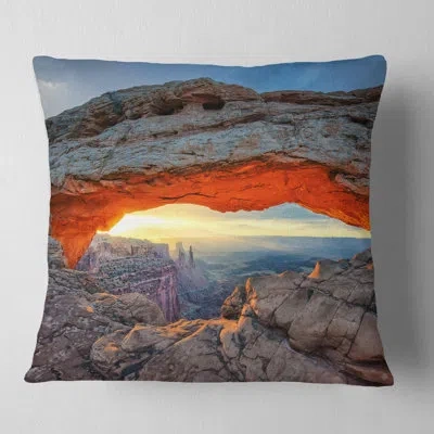 Design Art Sunrise At Mesa Arch Pillow In Blue;black;brown;green;red;yellow