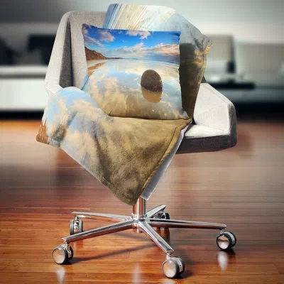 Design Art Sunrise At Moeraki Boulders - Beaches Printed Pillow In Blue