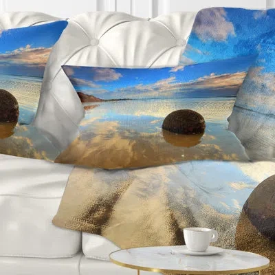 Design Art Sunrise At Moeraki Boulders Seashore Photo Lumbar Pillow In Blue