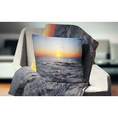 Design Art Sunrise At Sea Panorama - Sea & Shore Printed Throw Pillow In Blue;orange