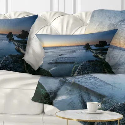 Design Art Sunrise At Sydney Seashore - Sea & Shore Printed Throw Pillow In Blue;orange