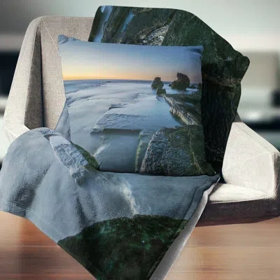 Design Art Sunrise At Sydney Seashore - Sea & Shore Printed Throw Pillow In Blue;orange