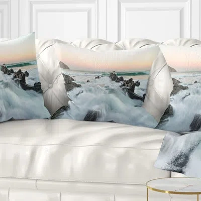 Design Art Sunrise At The Bay Of Biscay - Sea & Shore Printed Pillow In Blue