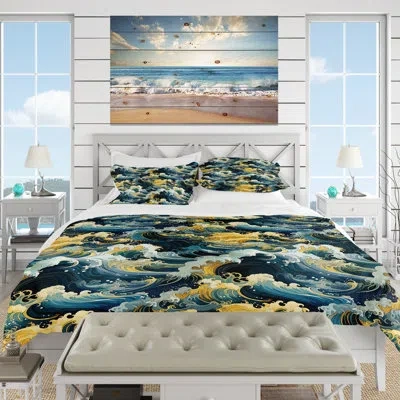 Design Art Sunrise Hokusai Waves Japanese Pattern Iii - Coastal Duvet Cover Set In Blue;white