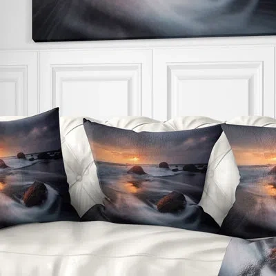 Design Art Sunrise In Burgas Bay Near Atia - Sea & Shore Printed Throw Pillow In Black