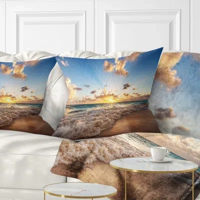 Design Art Sunrise On Beach Of Caribbean Sea - Sea & Shore Printed Pillow In Blue