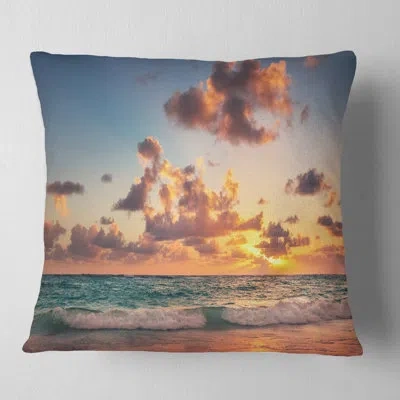Design Art Sunrise On Beach Of Caribbean Sea - Sea & Shore Printed Pillow In Blue